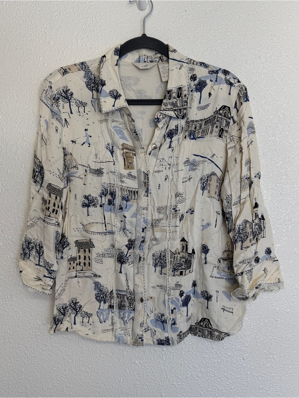 J Jill Medium Button Down Shirt Blouse Top France Paris Landmarks Novelty Print